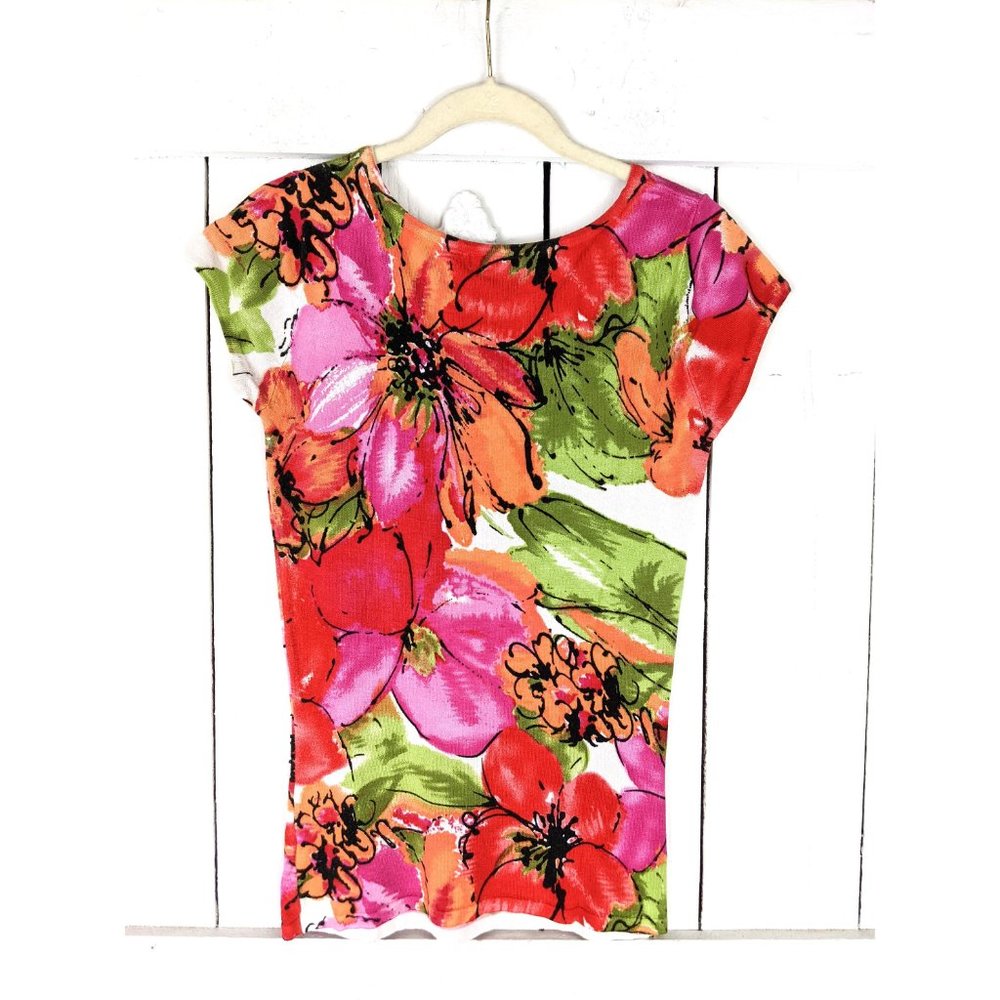 Vintage Cache bold floral beaded cap sleeve sweater top - Picture 6 of 6